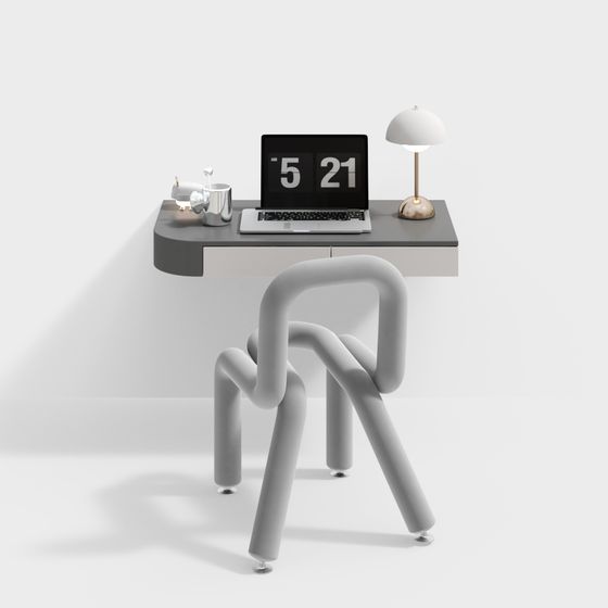 Sleek Gray Desk and Chair Combination 3D Model