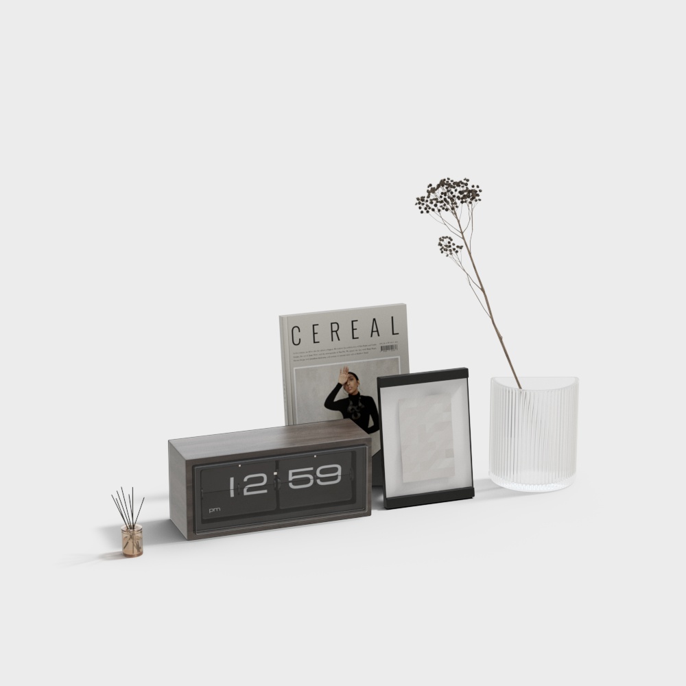 Urban Minimalist Desk Set 3D Model – Gray Wood & Flip Clock