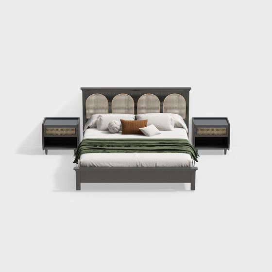 French Double Bed Set 3D Model in Black