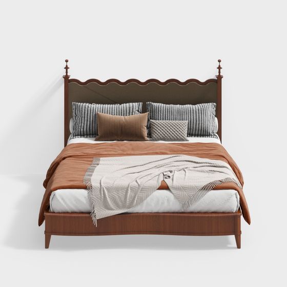 American Mid-Century Cream Style Double Bed 3D Model in Orange