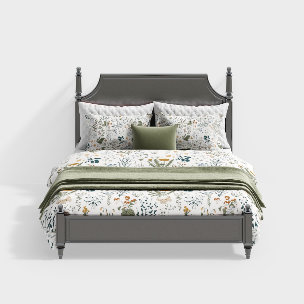 Charming Floral Double Bed 3D Model – Floral Pattern Design