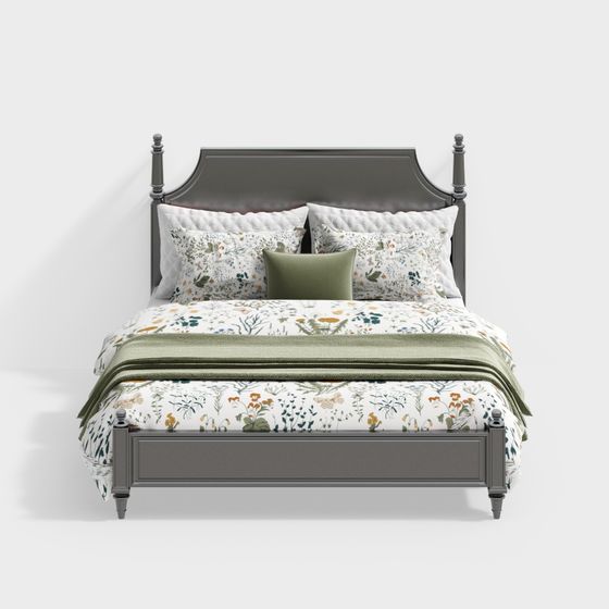 Charming Floral Double Bed 3D Model