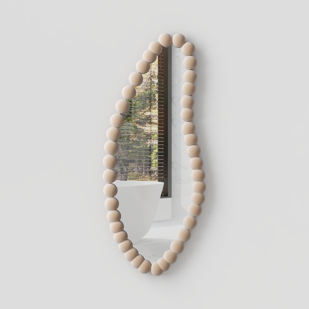 Round Frame Mirror 3D Model – Beige Matte Beaded Design