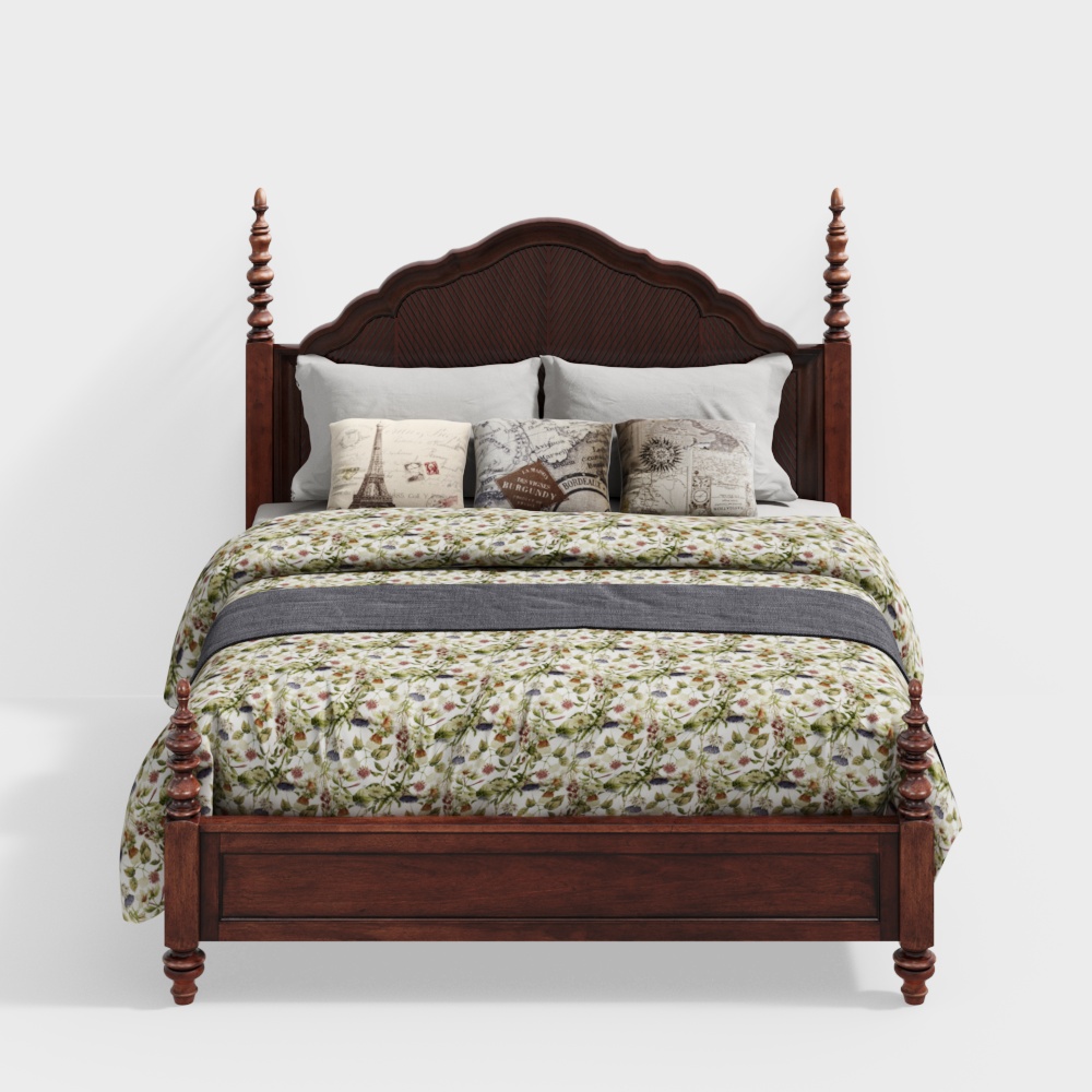 Vintage Four-Post Bed 3D Model – Carved Wooden Frame