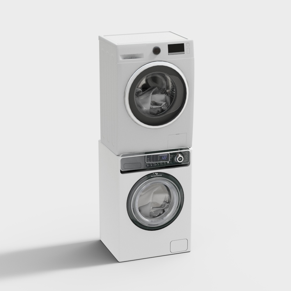 White Washing Machine Dryer 3D Model for Laundry Spaces