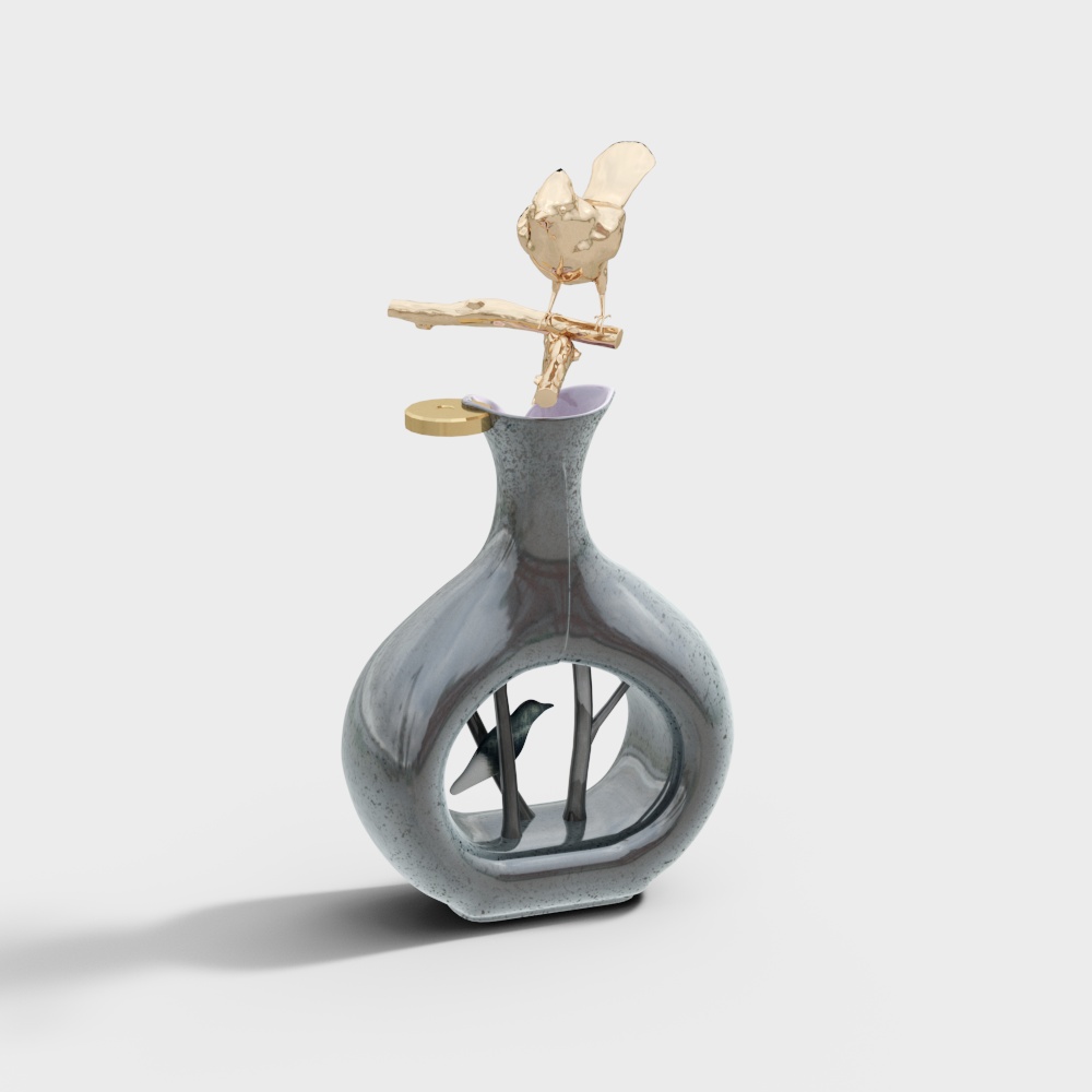 Forest Song 3D Model – Golden Bird & Gray Vase
