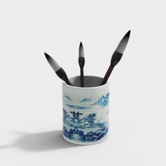 Elegant Blue and White Porcelain Pen Holder 3D model