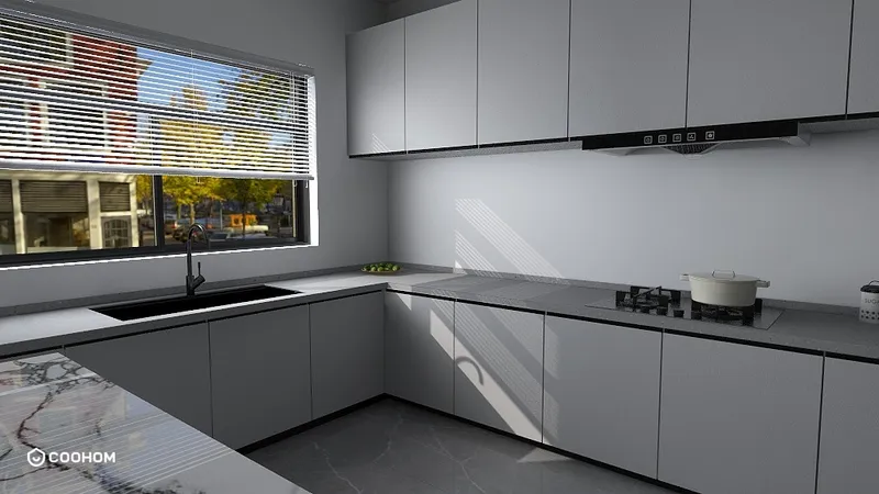 Modern grey kitchen cabinets with black sink and stove next to window with white blinds