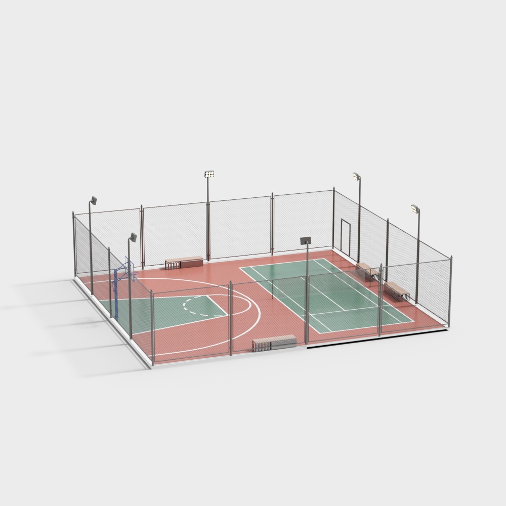 Basketball and Tennis Court Fusion 3D Model – Low-Poly Sports