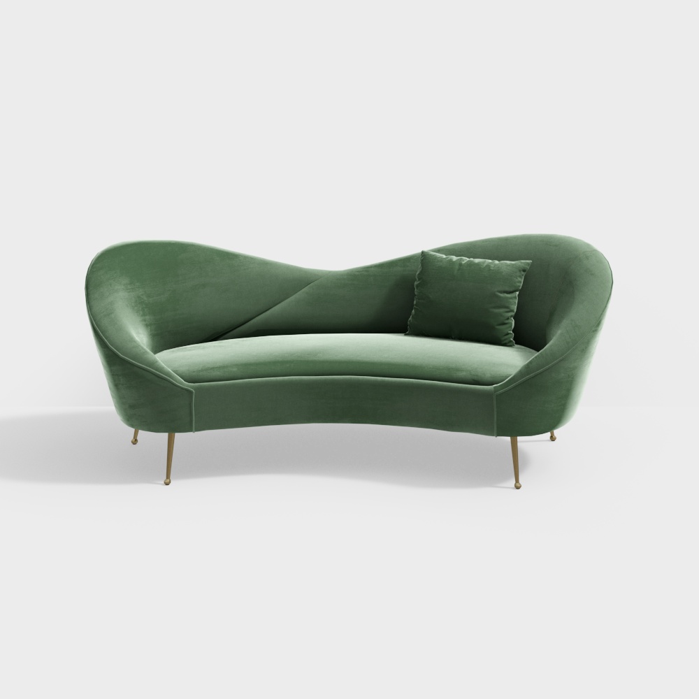 Streamlined Green Velvet Sofa 3D Model – Retro Modern Upholstery