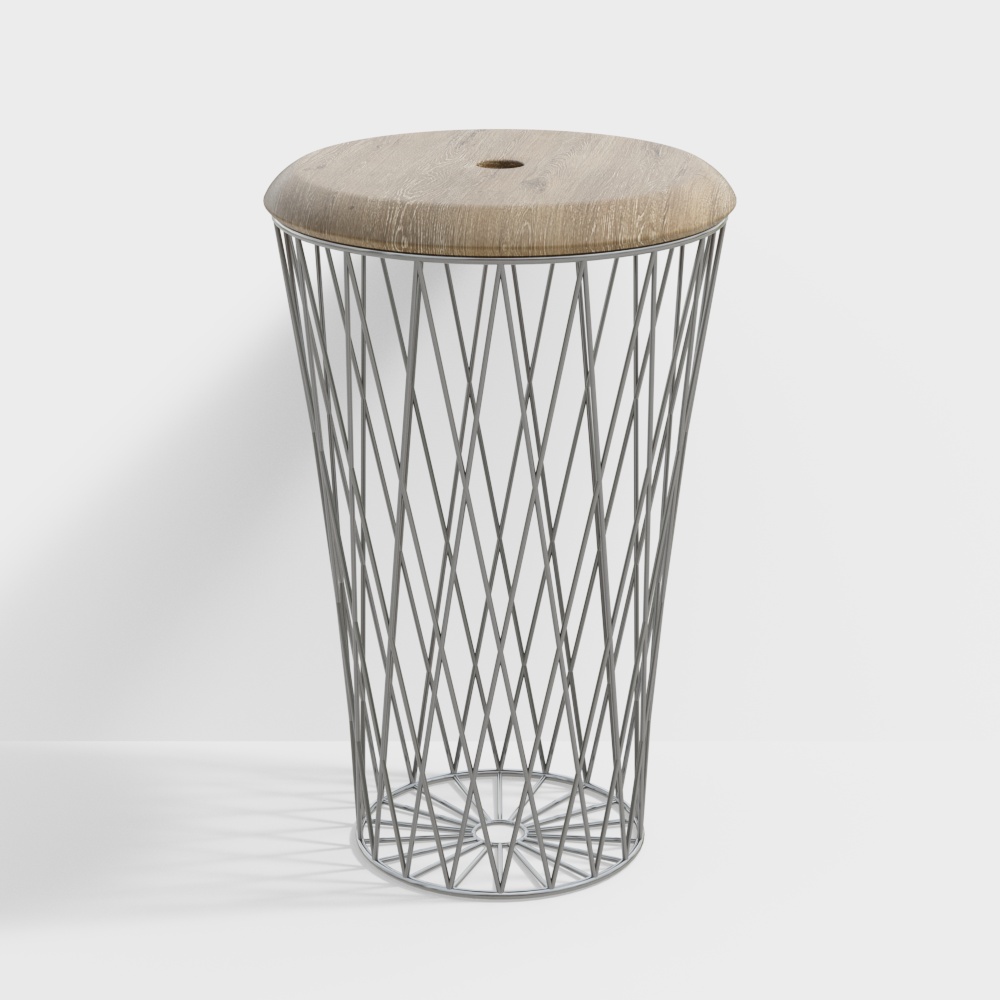 Metal Grid Stool 3D Model – Wood and Steel Design