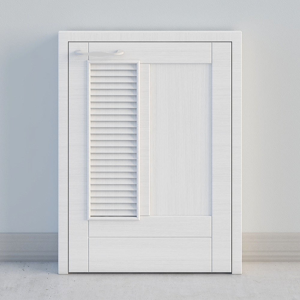 White wooden interior door with louvered window panel and handle on grey background