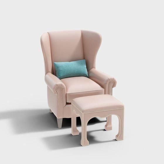 Classic Wingback Chair and Ottoman Set 3D model