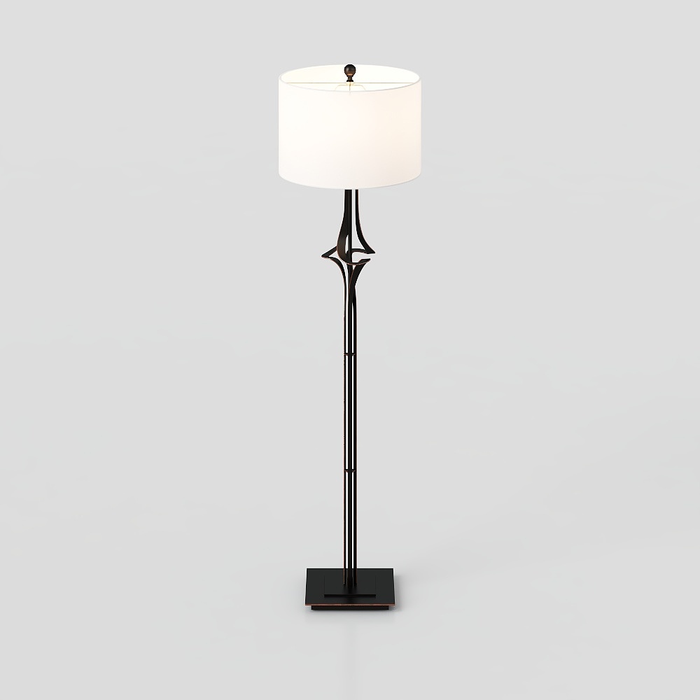 Tall black metal floor lamp with white shade and square base on grey background