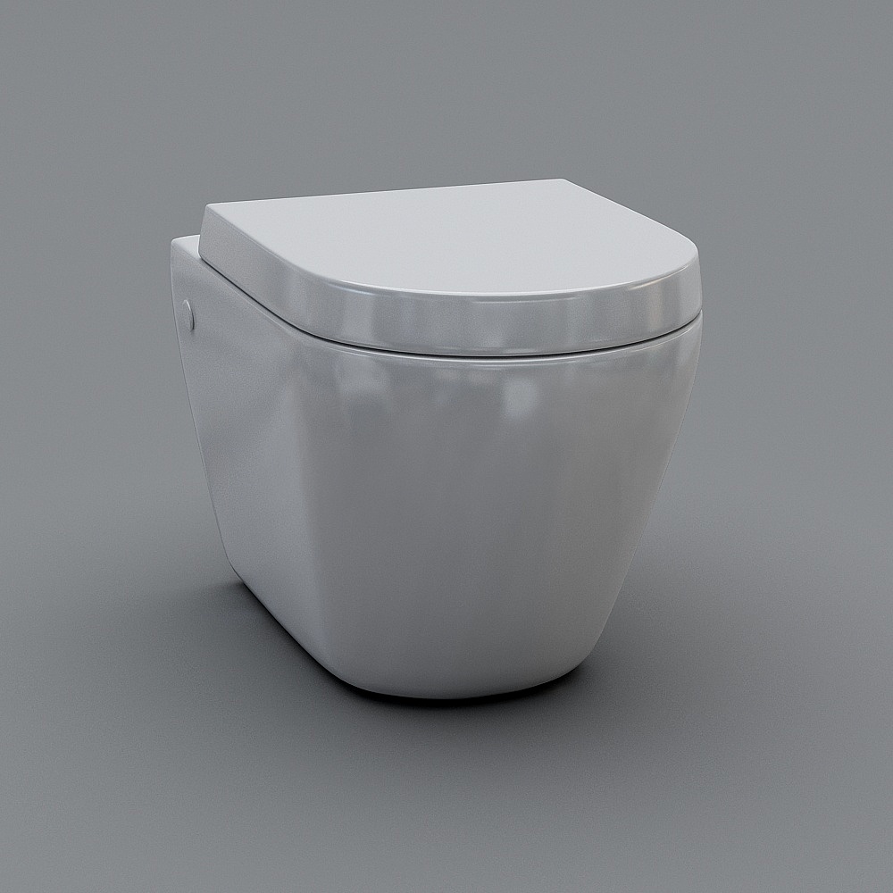 Modern white ceramic wall hung toilet with closed lid and flush button on grey background