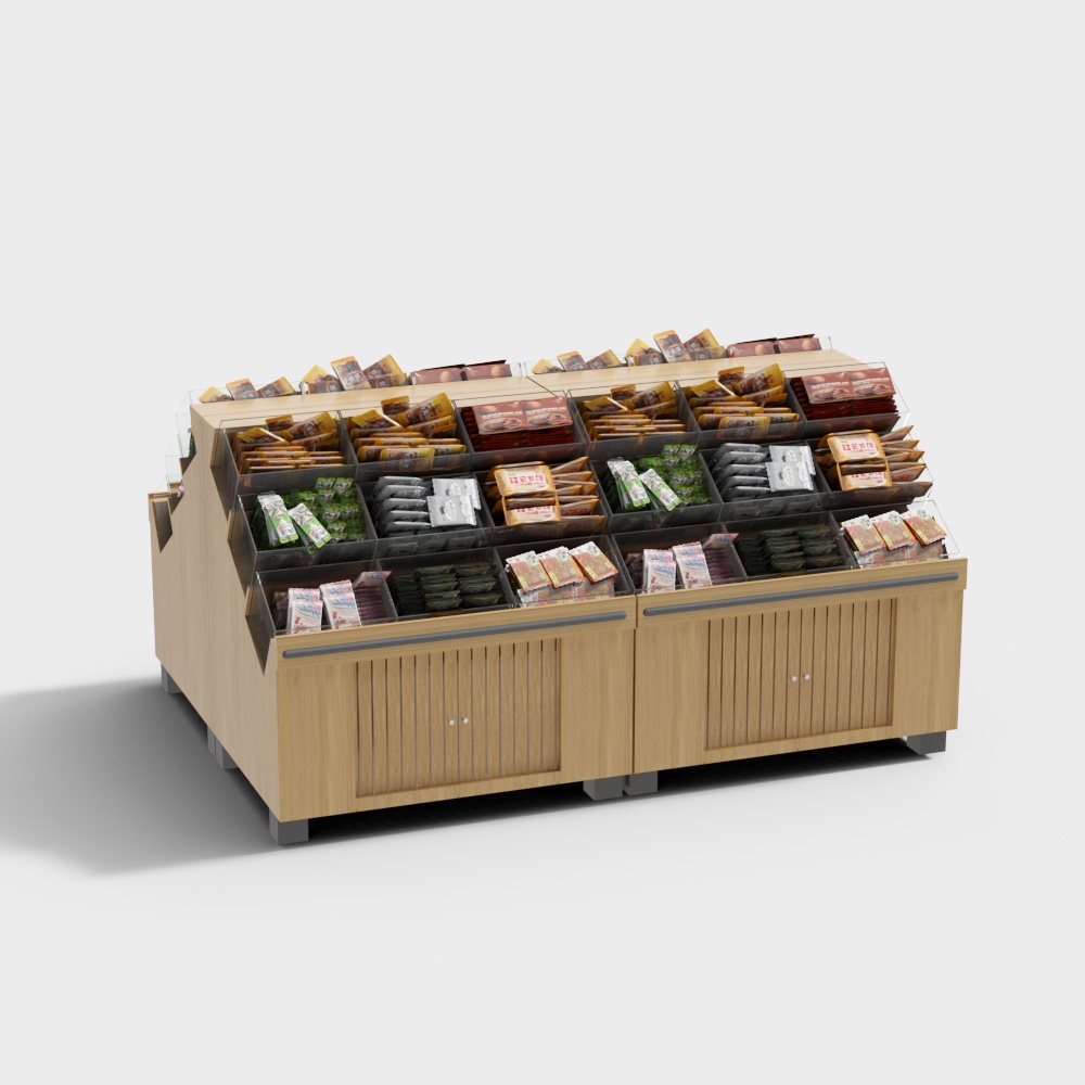 Supermarket snack island shelves