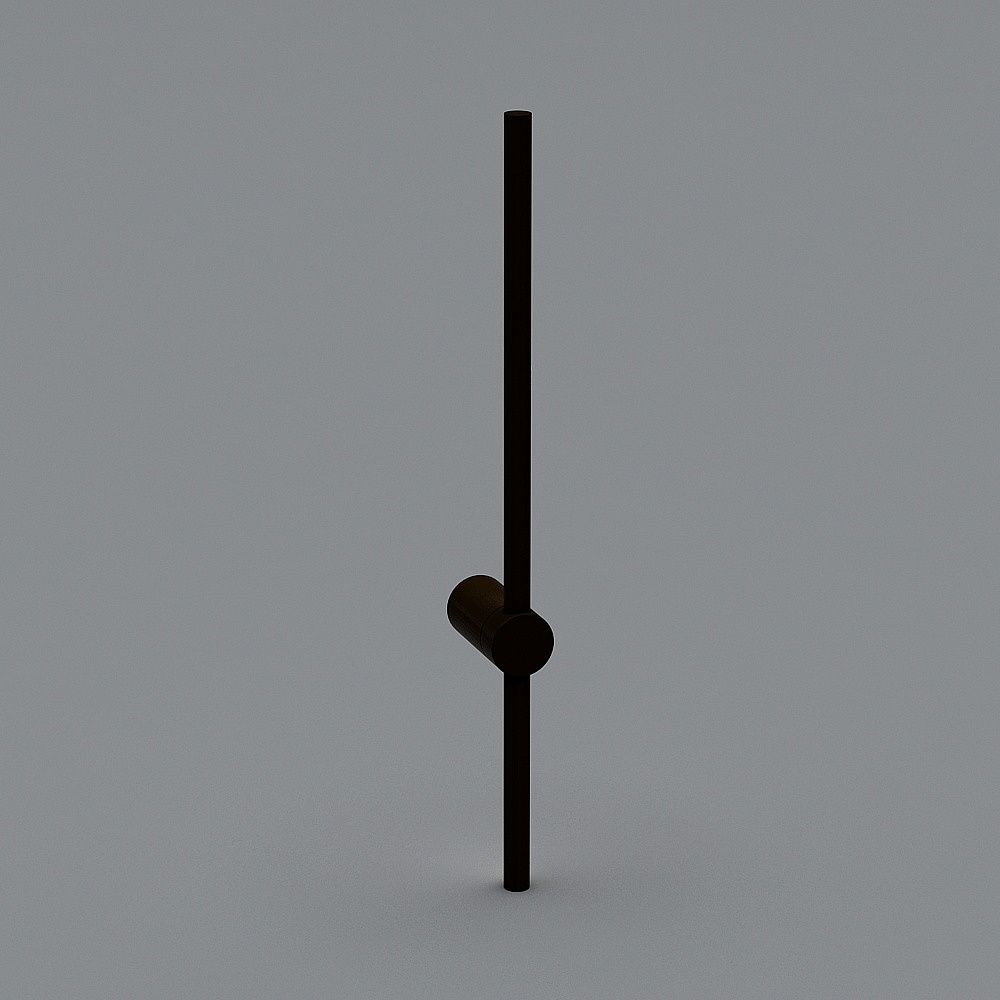 Minimalist black metal wall light with vertical rod and cylindrical bulb on grey background