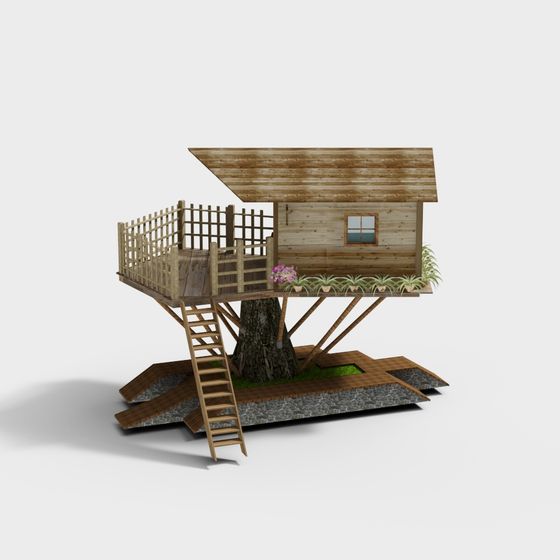 Charming Treehouse 3D model in Low Poly Style