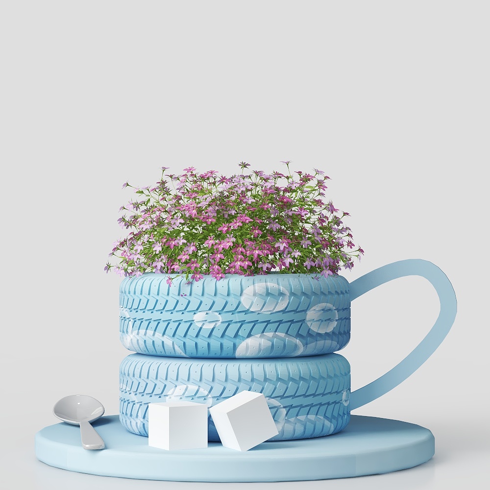 Unique Tire Planter 3D Model – Light Blue Textured Design
