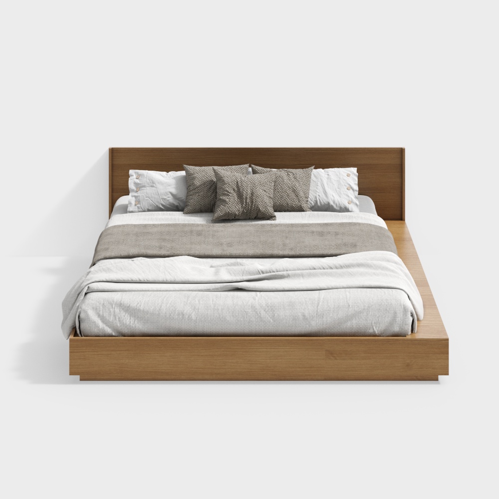 Modern Minimalist Bed Frame 3D Model – Low-Poly Wood Design