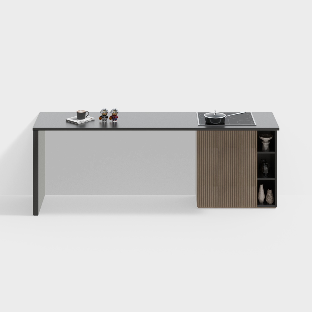 Minimalist Kitchen Countertop 3D Model – Black & Wood Finish