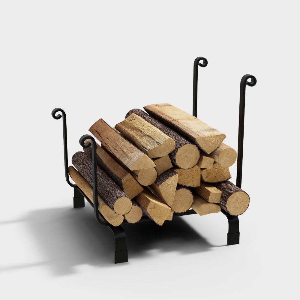 Vintage Iron Wood Log Rack 3D Model – Detailed Iron Frame