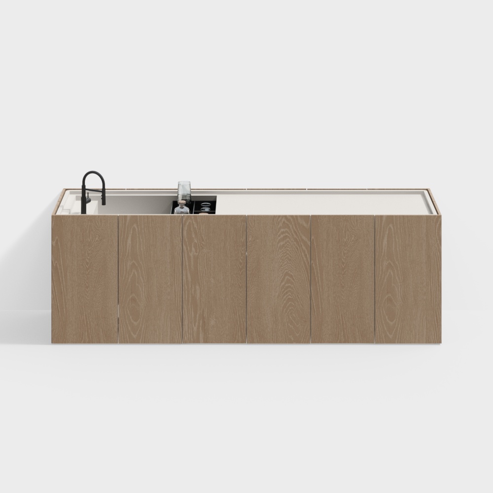 Urban Kitchen Low-Poly 3D Model – Wood & White Countertop