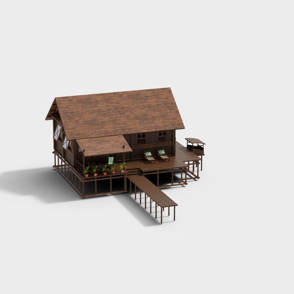 Cozy Wooden Retreat 3D Model – Low-Poly Wooden Cottage