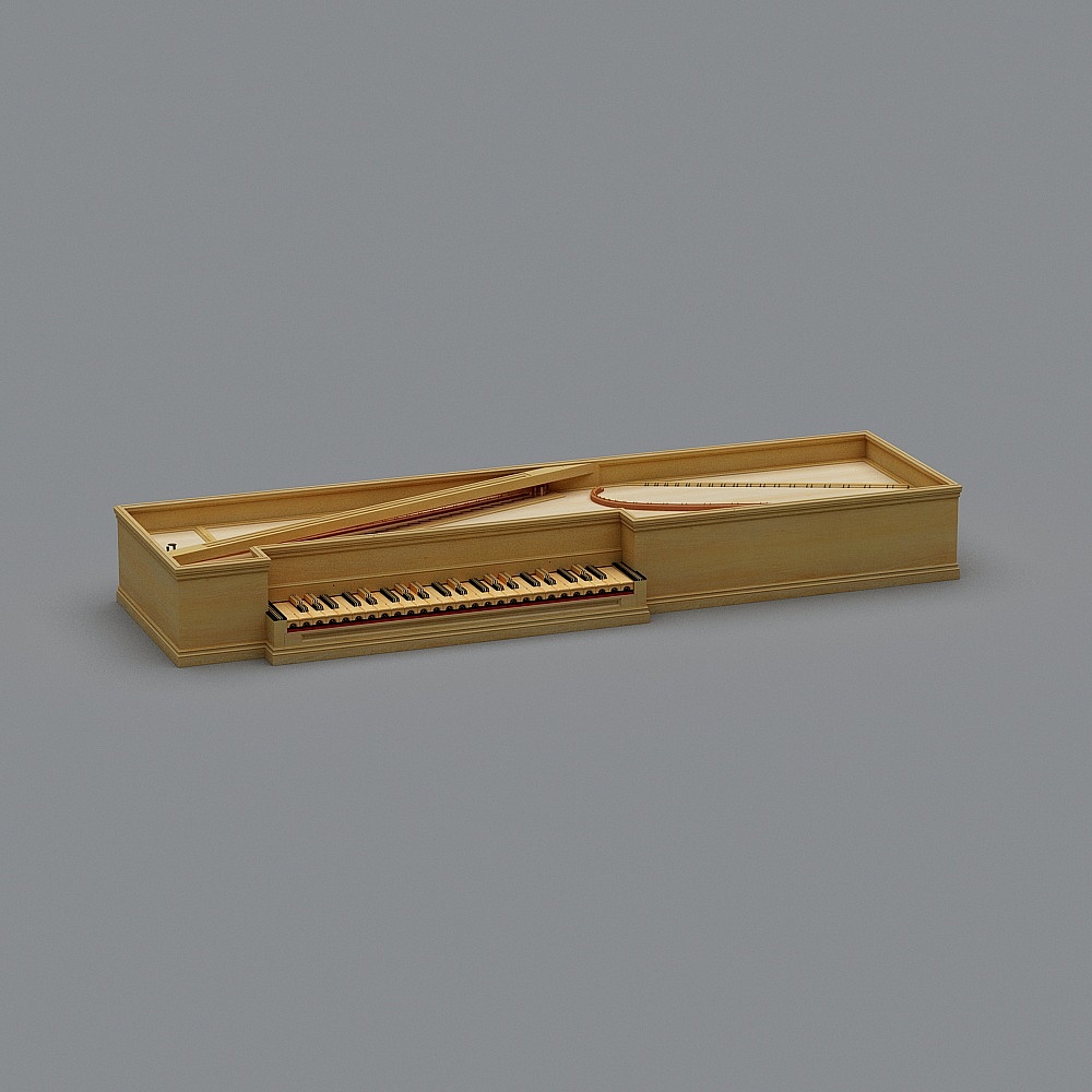 Open light wood harpsichord with black and white keys on grey background