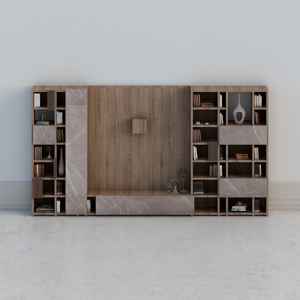 Modern large wooden wall unit with marble shelves and grey background