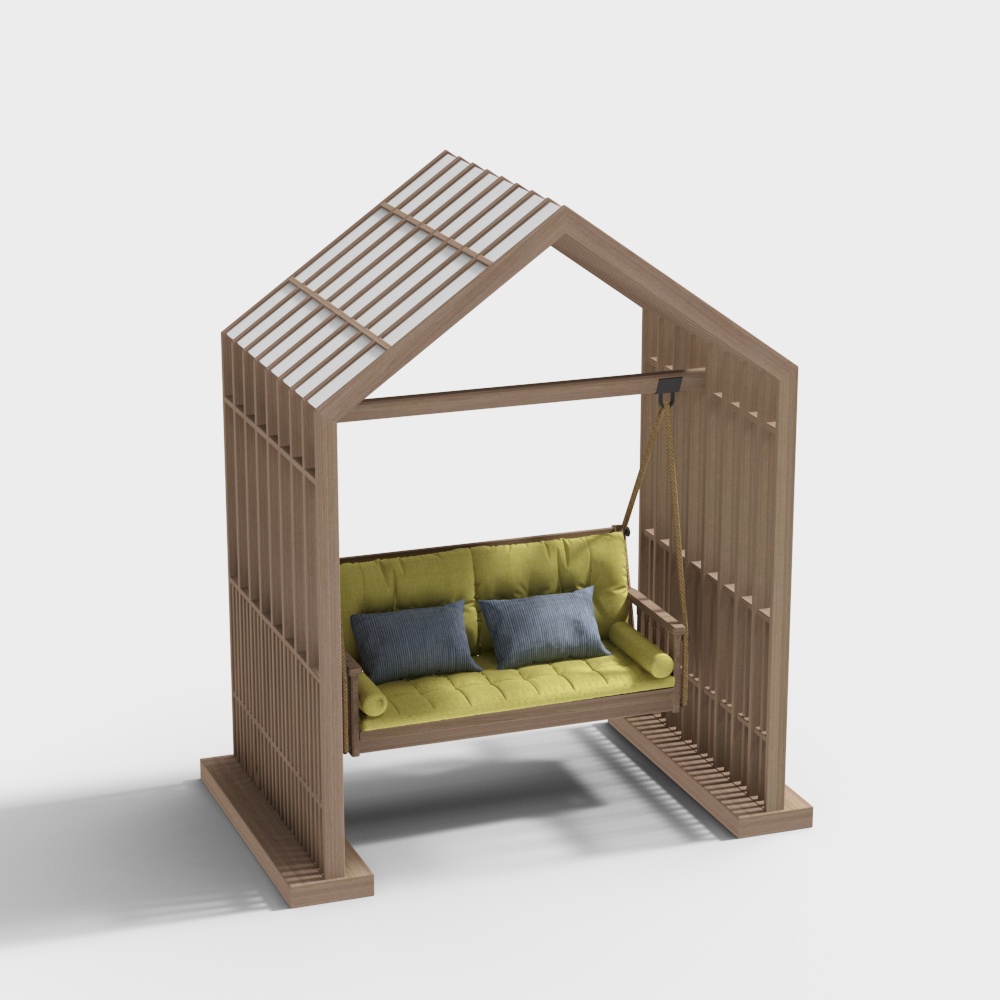 Cozy Wooden Swing 3D Model – Natural Wood & Cushions