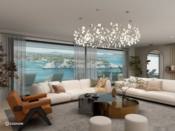 Modern living room with white sofa brown chair coffee table ceiling light and ocean view