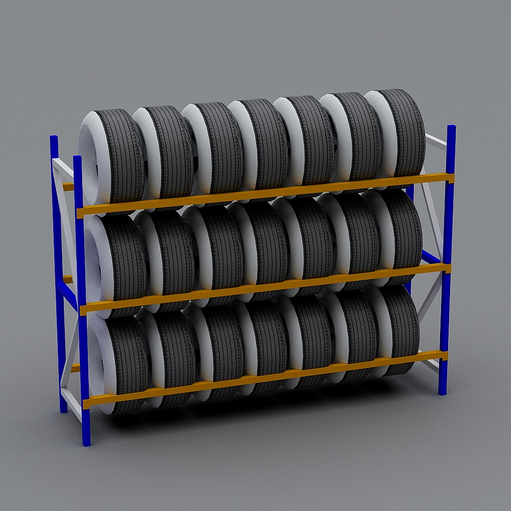 Three tier metal tire rack with blue frame and yellow shelves holding black car tires on grey background