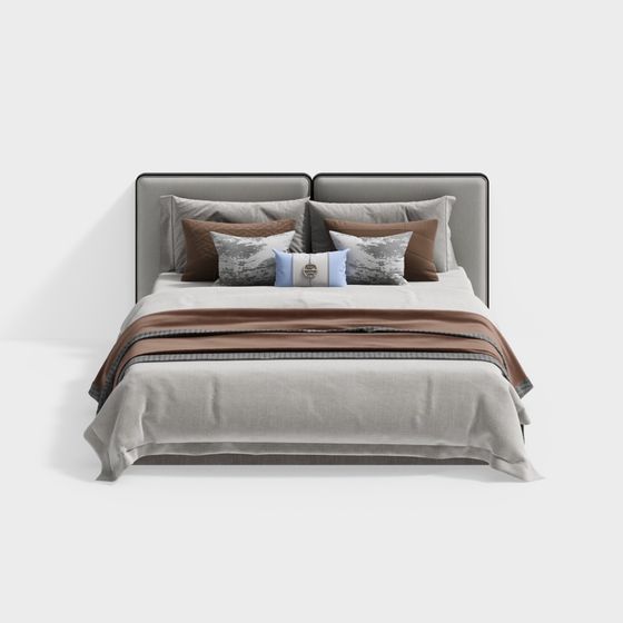 New Chinese Style Double Bed 3D Model in Gray