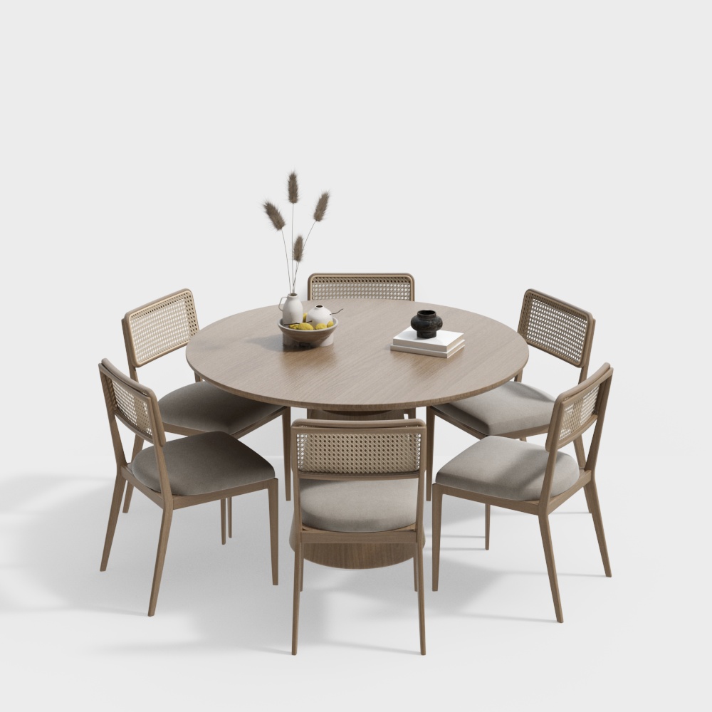 Round Table and Rattan Chair Set – Low-Poly Minimalist