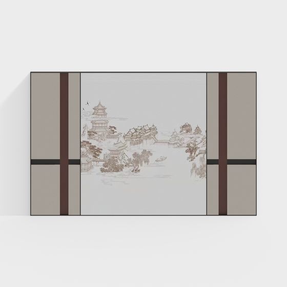 Beige Neo-Chinese Background Wall 3D Model