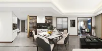 Modern open dining area with white table beige chairs wine cabinet and bright grey tiles