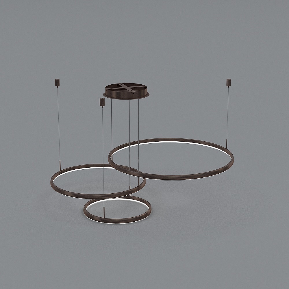Modern dark metal ceiling light with three round rings on grey background