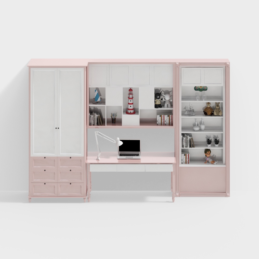 Bureau d'enfant rose et armoire combinés