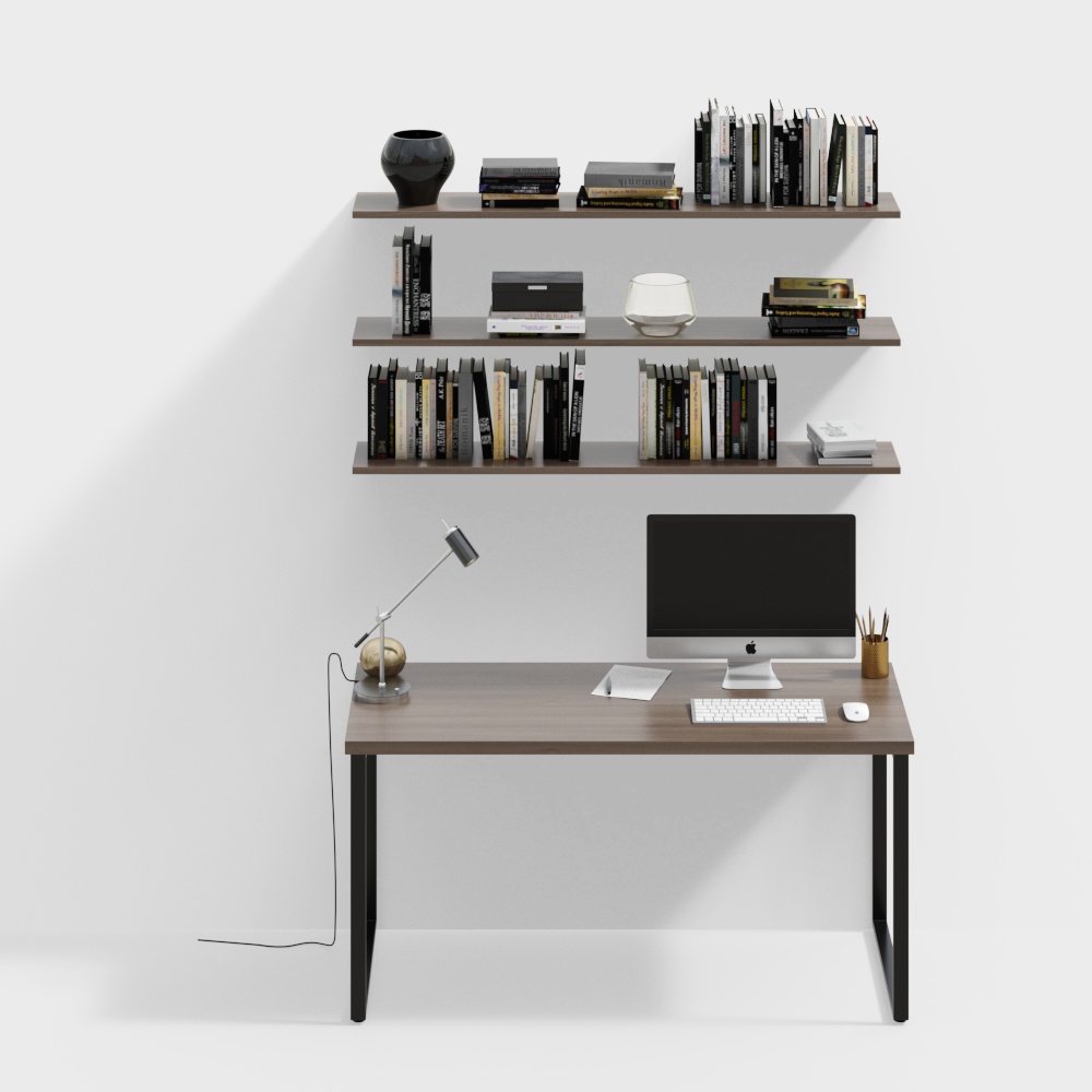 work desk with computer and cabinet