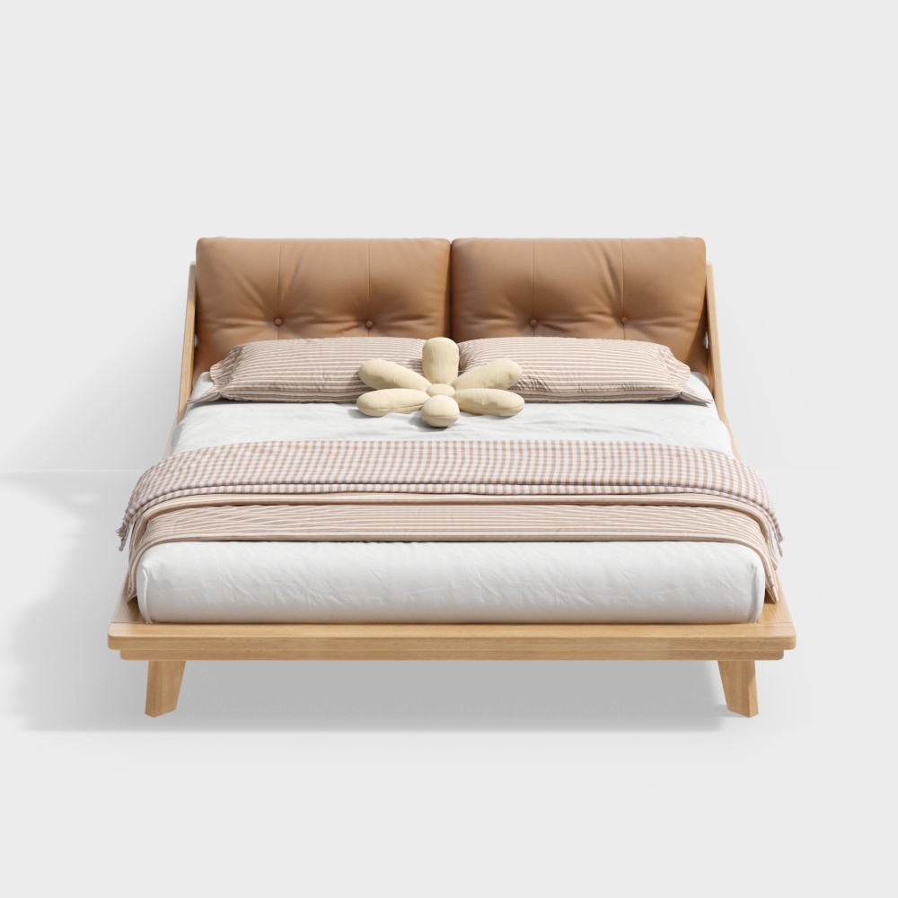 Cozy Retreat Bed Frame 3D Model – Low-Poly Wood & Leather