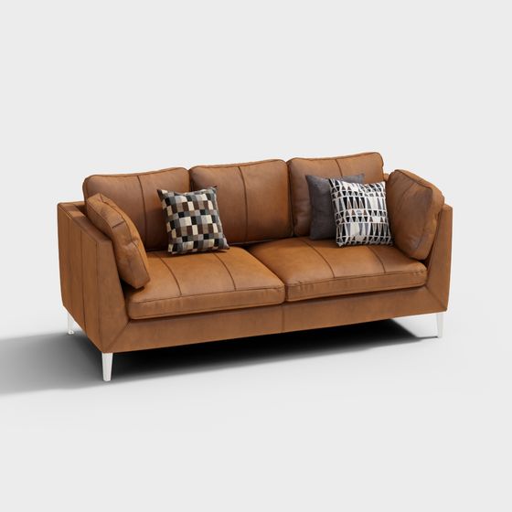 Stylish Low-Poly Brown Leather Sofa 3D model