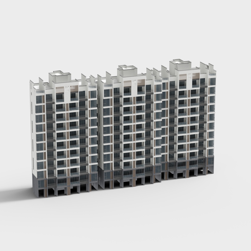 Modern white apartment building model with grey balconies and brown accents on light grey background