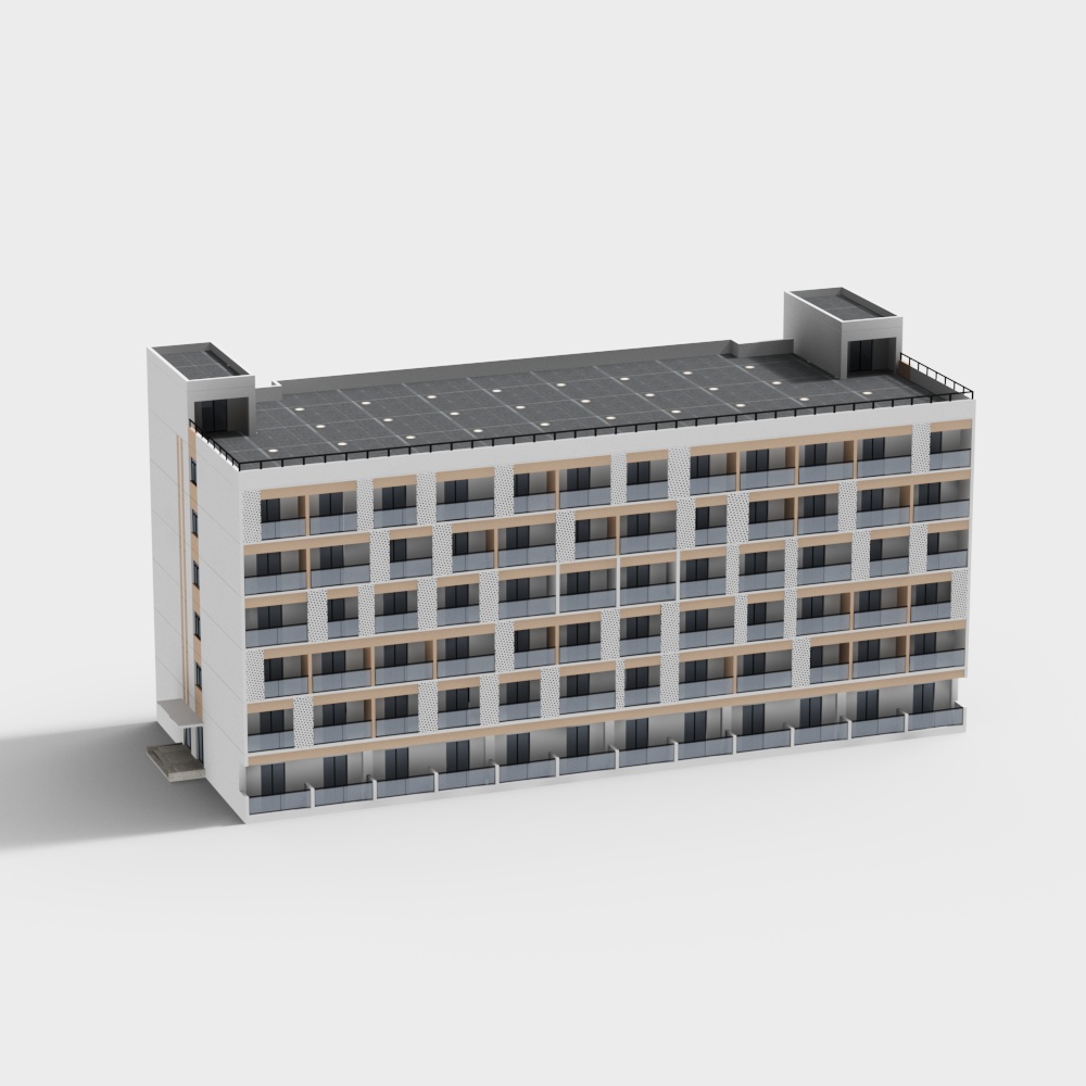 Modern white apartment building with balconies and solar panels on grey background