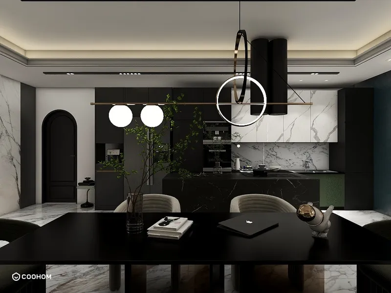 Black dining table with laptop and books near kitchen island under modern round ceiling light