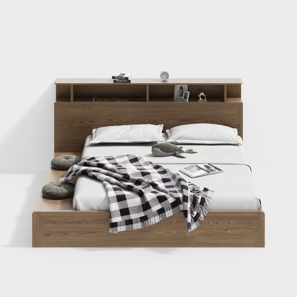 Elegant Low-Polygon Bed Frame 3D Model – Minimalist Wood Design