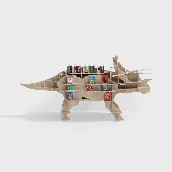 Dinosaur-Themed Low Poly Bookshelf 3D model