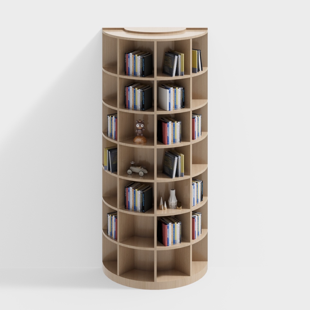 Elegant Round Column Bookshelf 3D Model – Light Wood Design