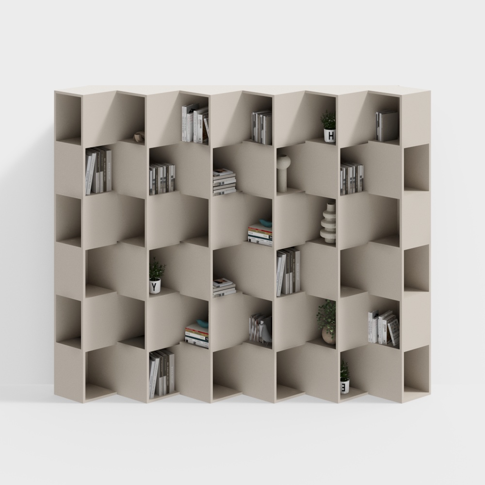 Modular Bookshelf 3D Model – Low-Poly Beige Storage