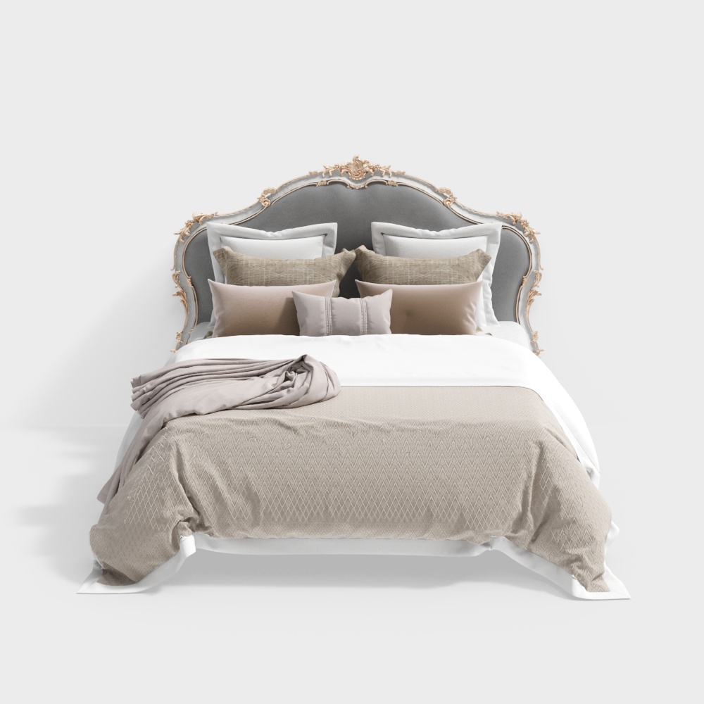 Elegant Low-Poly Bed Frame 3D Model – Gray and Gold Design